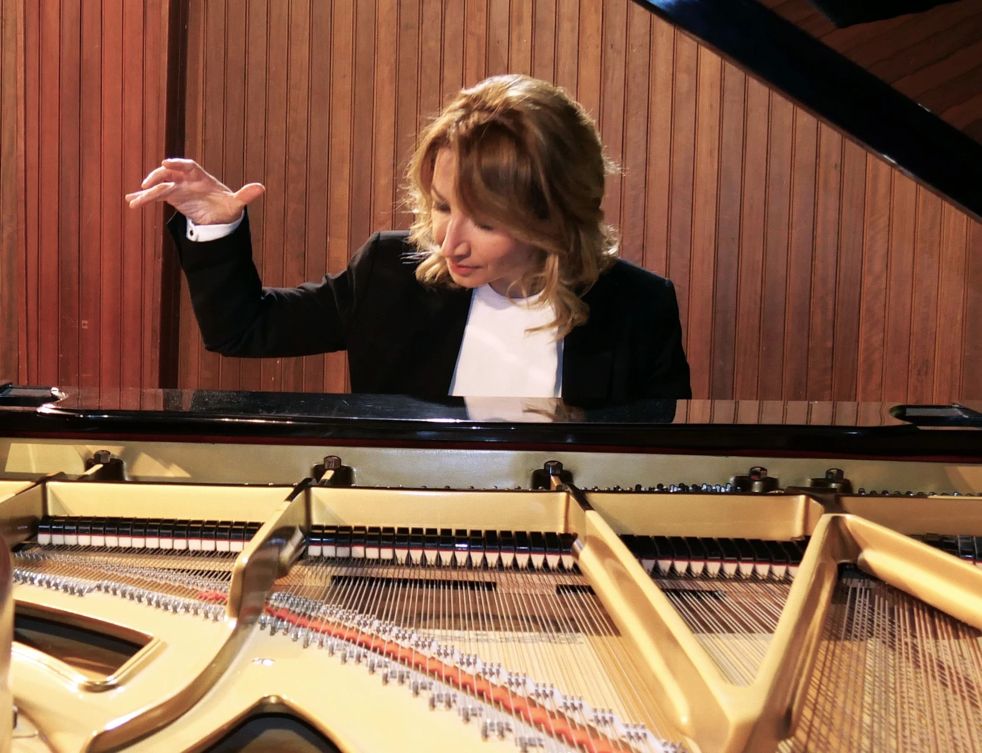 Ilaria Sinicropi in concert, hands raised over the keys, seen from inside the piano